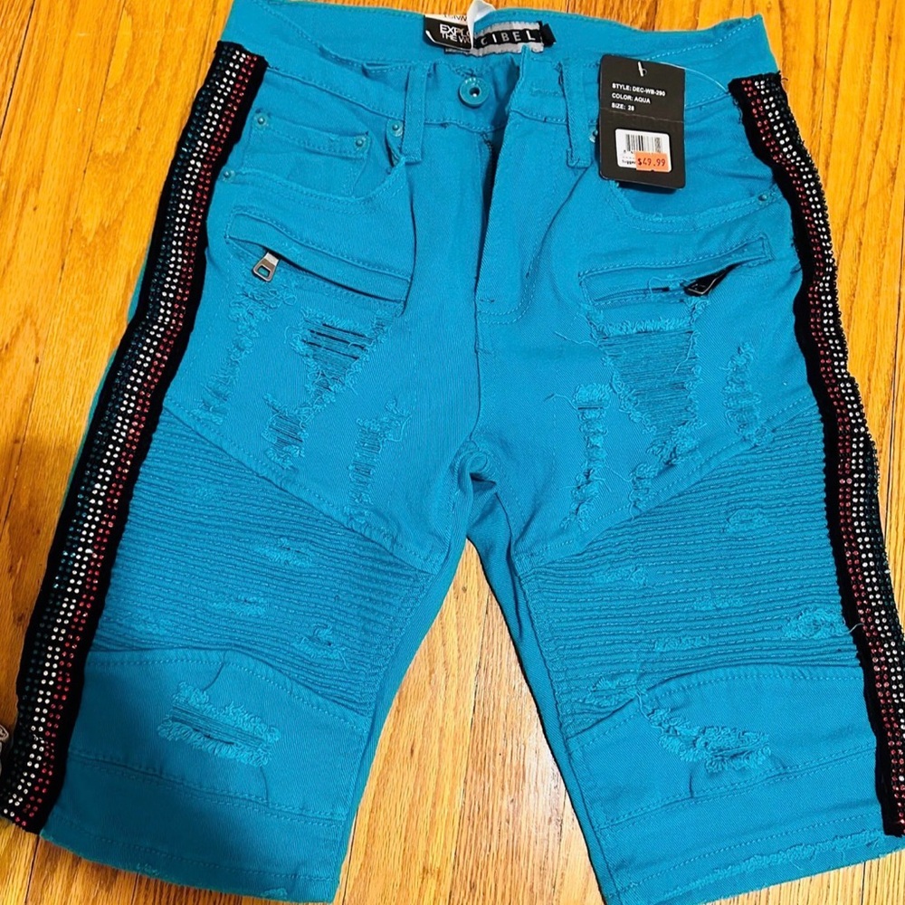 NWT Men's Distressed Jean Shorts with Black Stripes - Picture 1 of 4